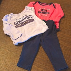 Set of 2 long sleeve bodysuits and 1 pair of Navy ruffle butt pants.